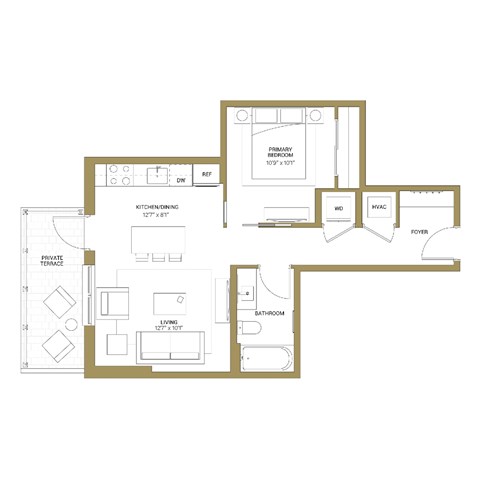 A floor plan of a house with a kitchen, living room, and bathroom.